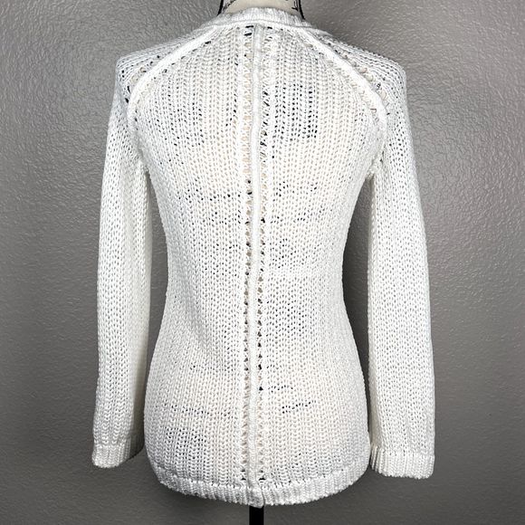 Ann Taylor Loft Sz S Long-Sleeve Open Knit Sweater White 100% Cotton V-Neck - Picture 2 of 10